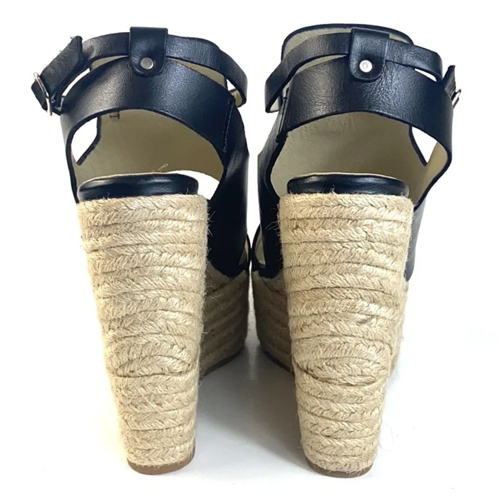 Ouigal Anthropologie Leather Woven Straw Platform Wedge Sandals